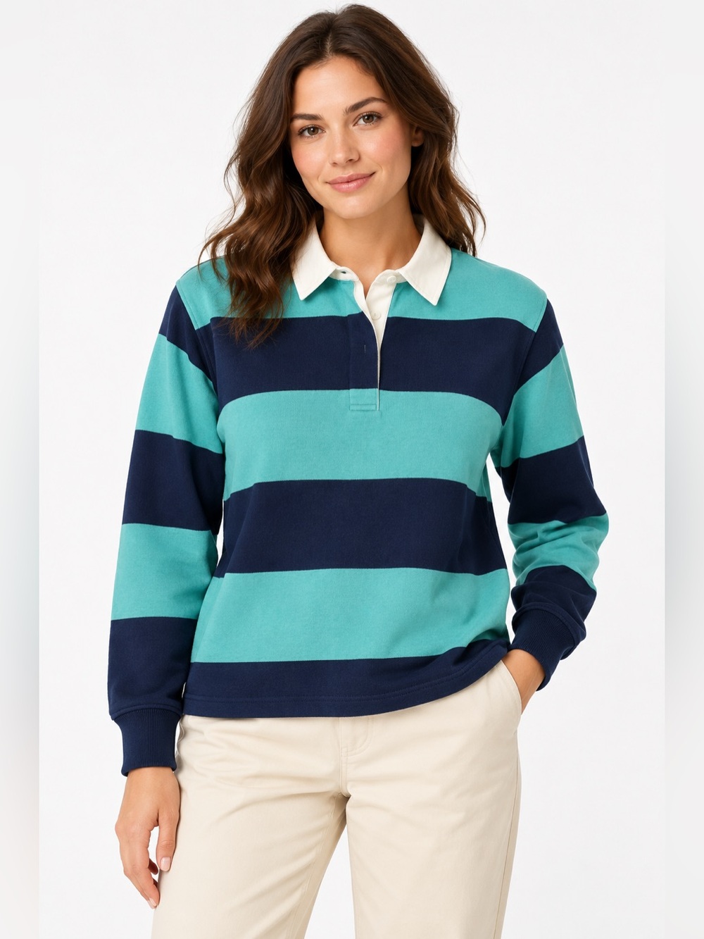 J.Crew Striped Rugby Polo Shirt Women’s Medium Turquoise Navy 100% Cotton